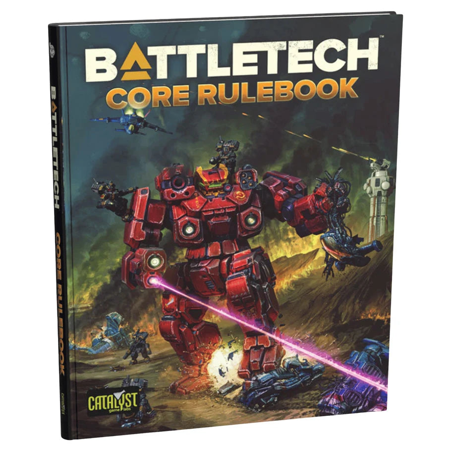 BattleTech: Core Rulebook cover featuring a red mech firing with smaller mechs and aircraft in combat.