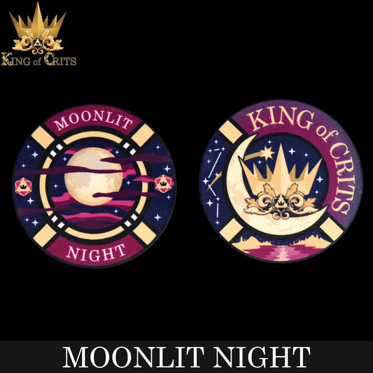 Two round badges with King of Crits and moon phases from the Moonlit Night - 12 Dice Set.