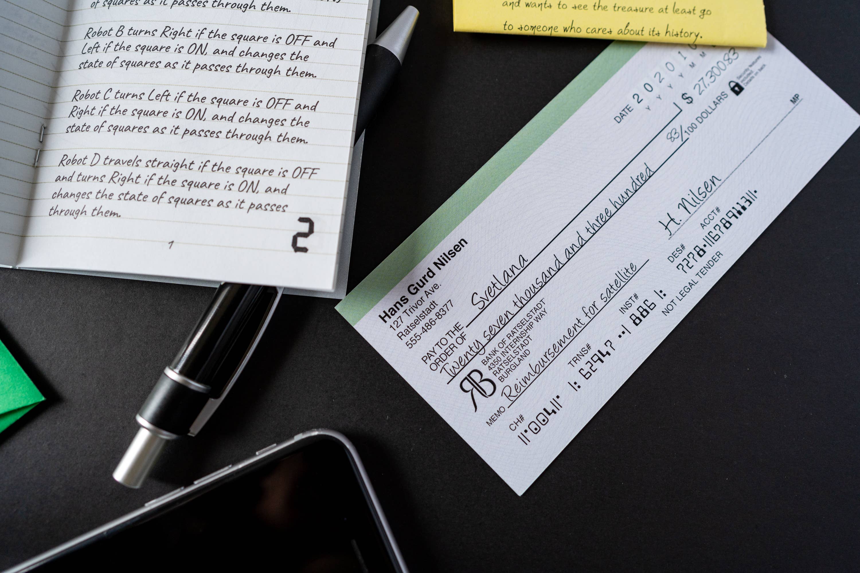 A check, notebook page, pen, sticky note & phone—Family Secrets Series: Episode 11 - Perilous Choices treasure.