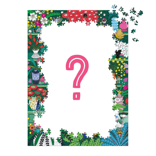 Shelf Life 1000 Piece Surprise Puzzle, incomplete with missing edge pieces and a large pink question mark in center.