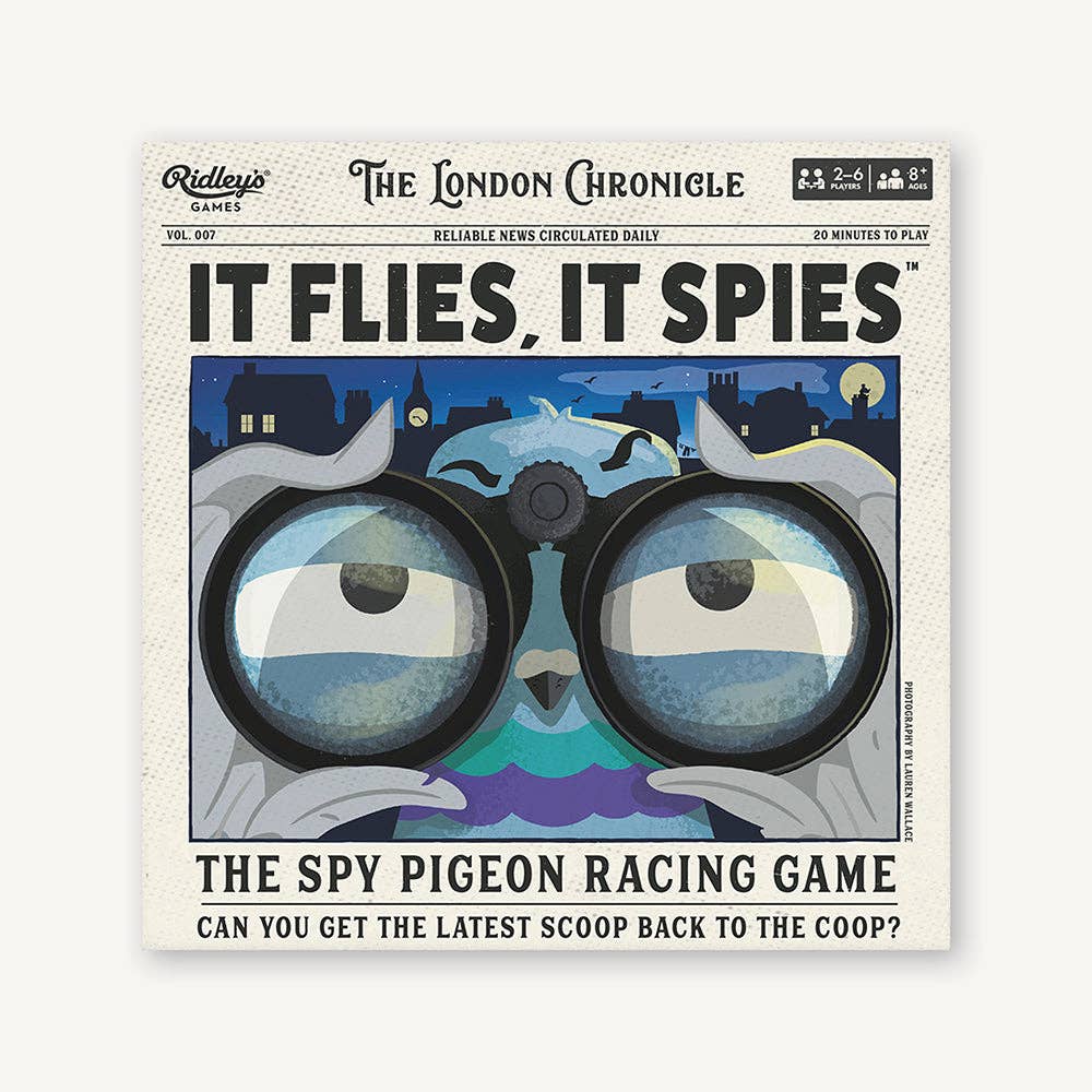 It Flies, It Spies family board game with cartoon pigeons and spy pigeon racing theme.