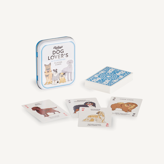 Dog Lovers Playing Cards tin with illustrated dog breed cards.
