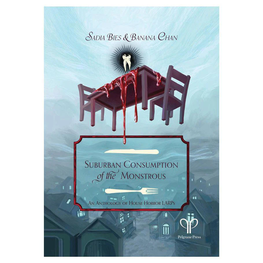 Suburban horror anthology by Banana Chan, illustrated cover with bloody chairs and table over rooftops.