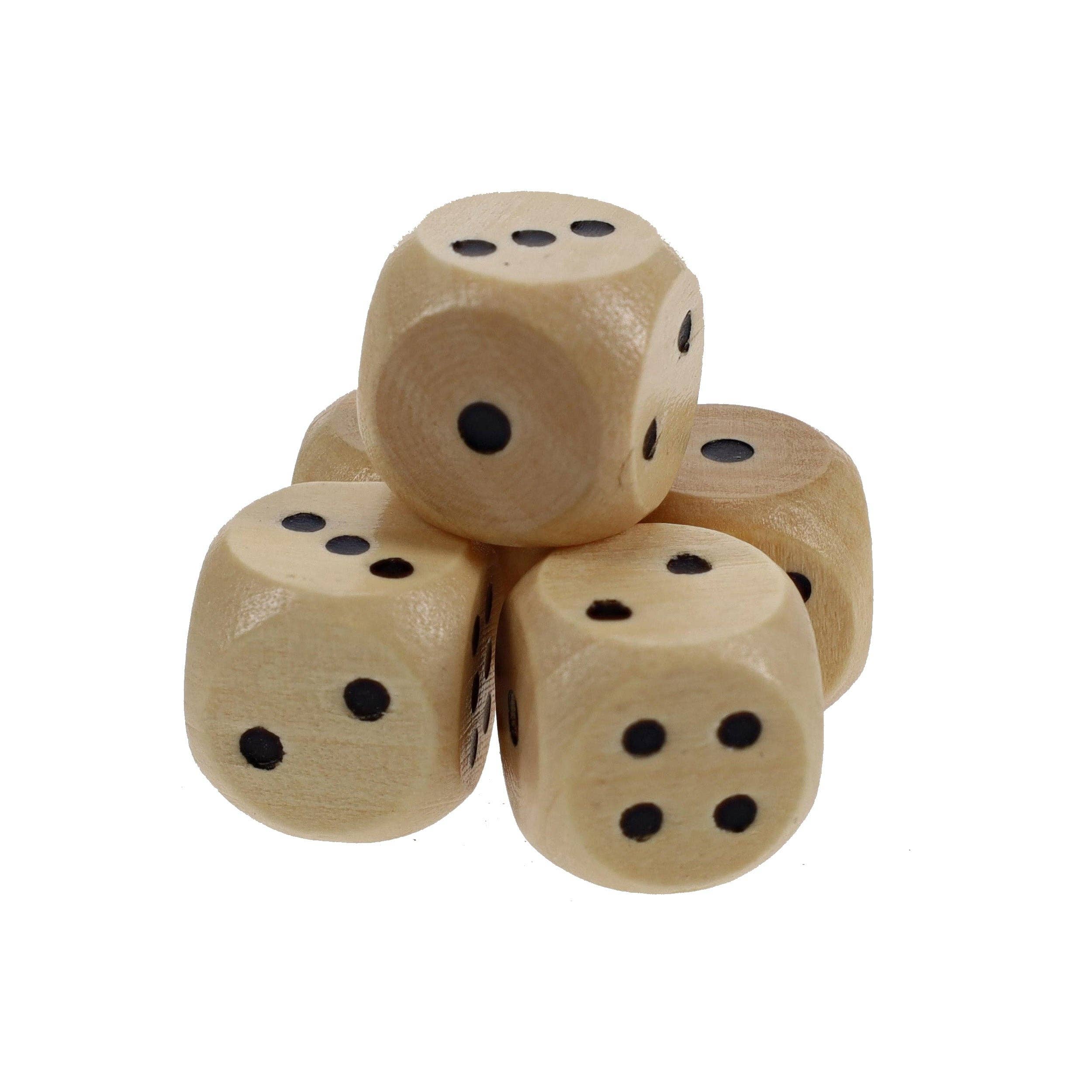 Four wooden dice from the WE Games Cribbage and More Travel Game Pack, stacked on a white background.