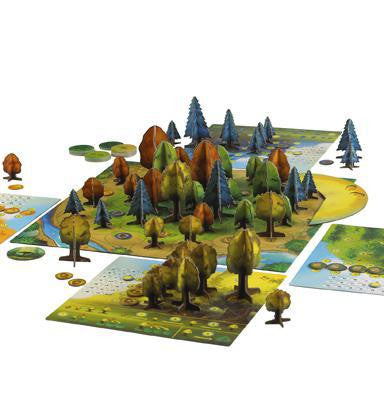 Photosynthesis board game with 3D cardboard trees on illustrated terrain tiles.