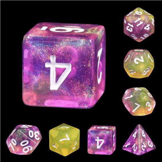 Lemon Jelly RPG Dice Set with polyhedral resin dice in pink, purple, and yellow on black for D&D.