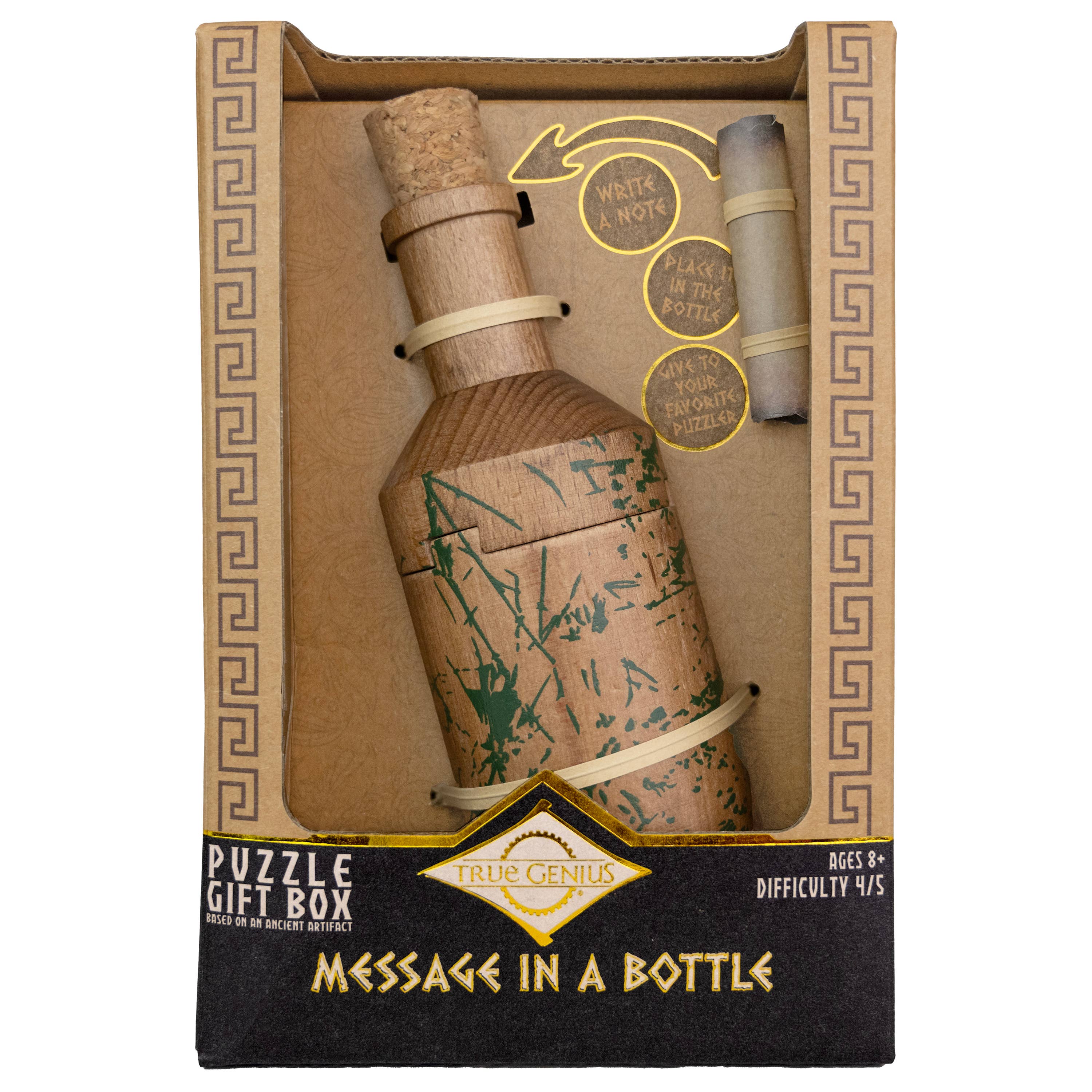 Message in a Bottle Secret Puzzle Box with cork and hidden note inside, for ages 8+, difficulty level 4 out of 5.