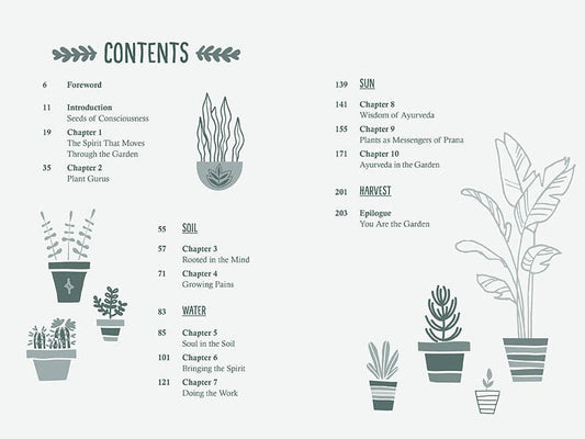 Table of Contents page from Growing Consciousness, a book on gardening and plant art for conscious, spiritual gardening.