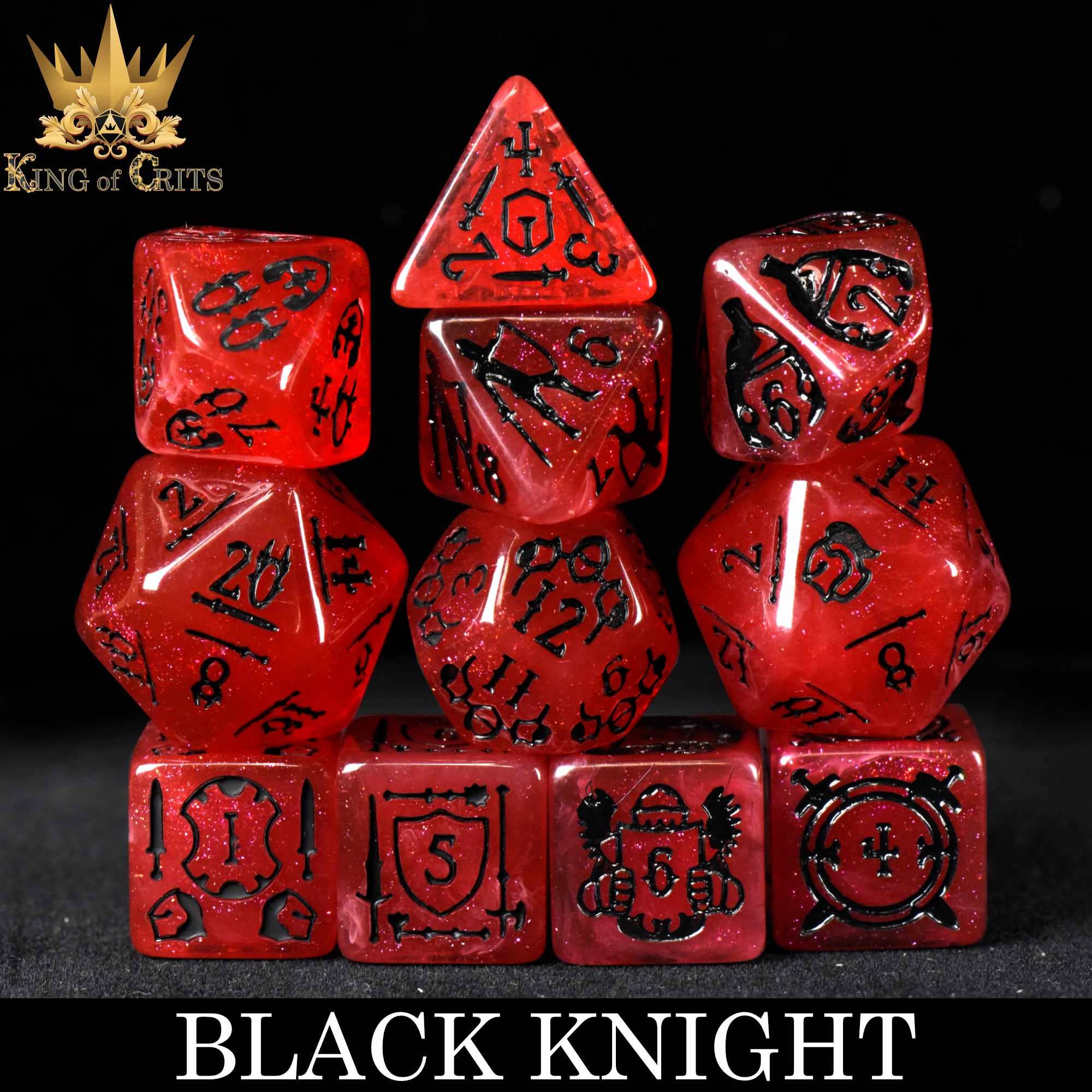 The Black Knight 11 Dice Set with red and black dice on a black surface, product name shown below.