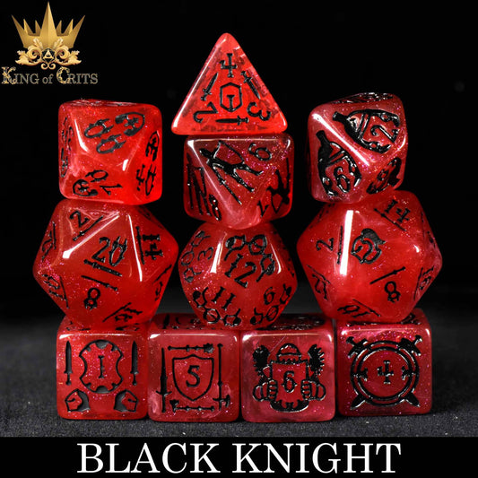The Black Knight 11 Dice Set with red and black dice on a black surface, product name shown below.