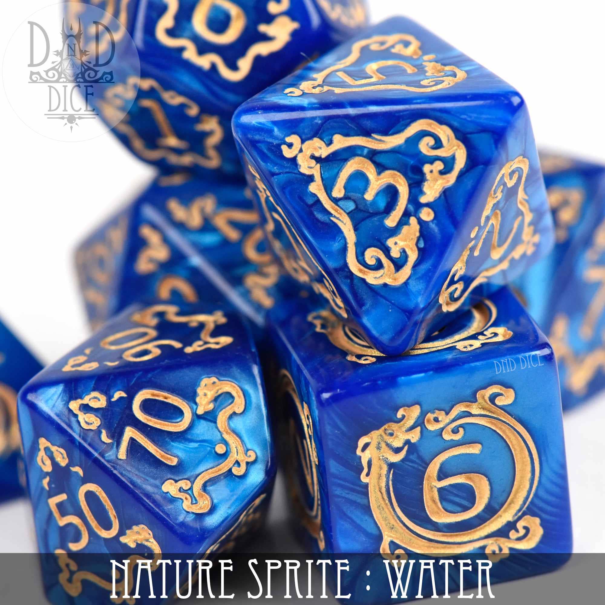 Nature Sprite: Water, blue acrylic DND dice set with gold numbers.