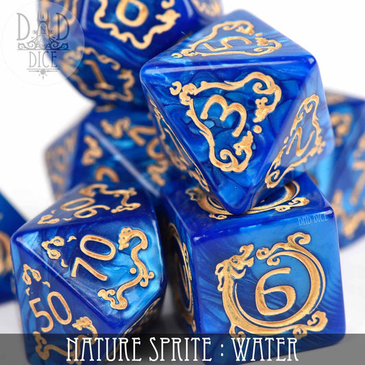 Nature Sprite: Water, blue acrylic DND dice set with gold numbers.