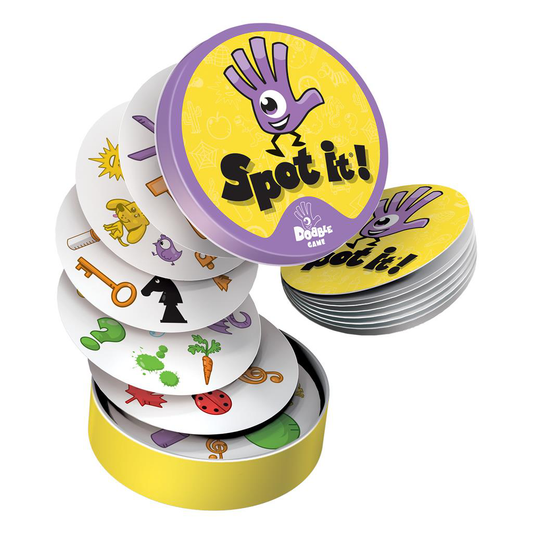 Spot It Classic (Eco) tin with eco-friendly cards fanned out, displaying assorted objects and symbols.