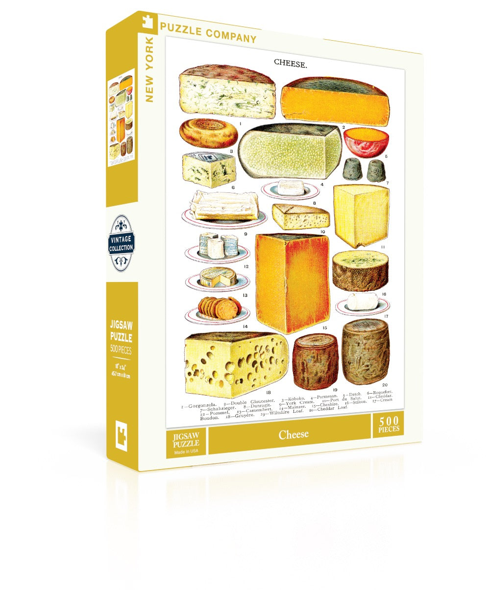 Cheese 500-piece puzzle box featuring vintage European cheese illustrations on the front.