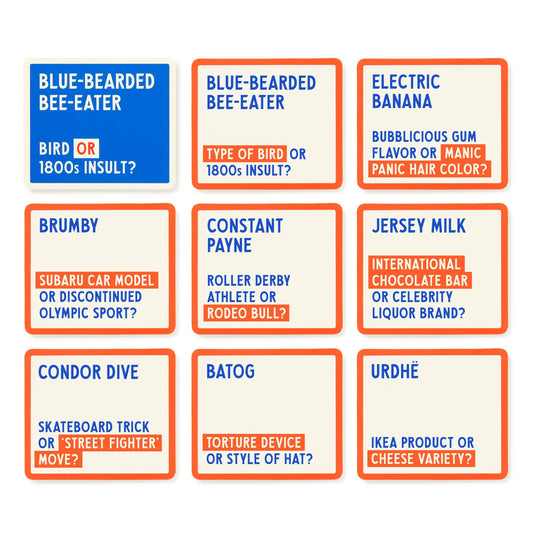 Brass Monkey Which Hunt party card game featuring quirky phrase cards for adult trivia gatherings.