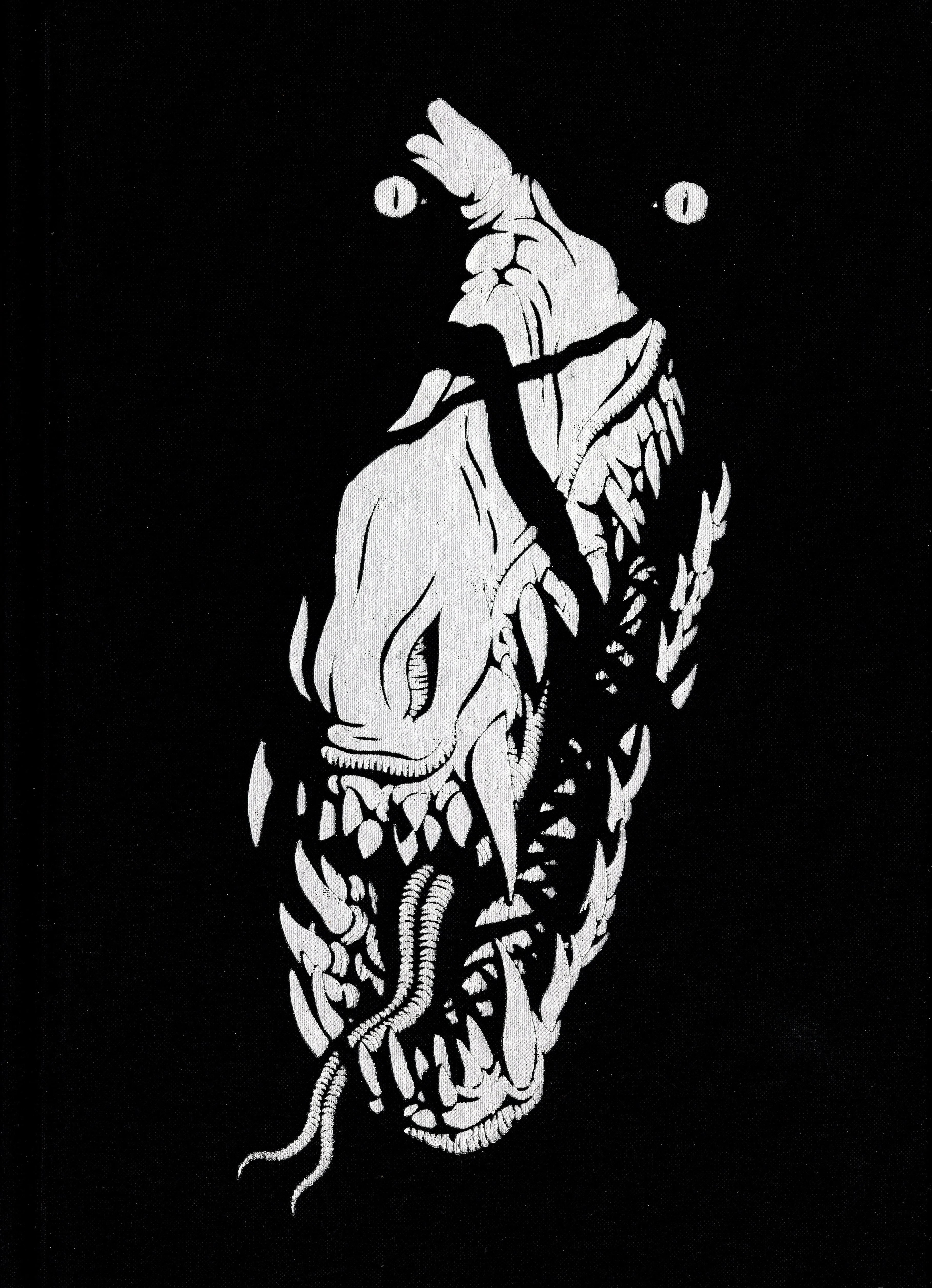 Teeth: Black and white illustration of a snarling, sharp-toothed creature for monster-hunting tabletop RPGs.