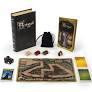 Bristol 1350 board game with cards, dice, board, black pouch, and two books on a white surface.