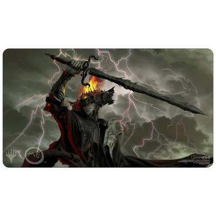 Sauron (LTR) MTG Standard Playmat featuring a fiery-crowned armored figure with a black sword and lightning.