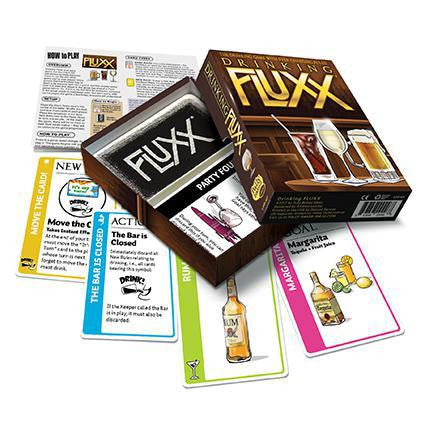 Drinking Fluxx game box with included cards and instructions displayed.