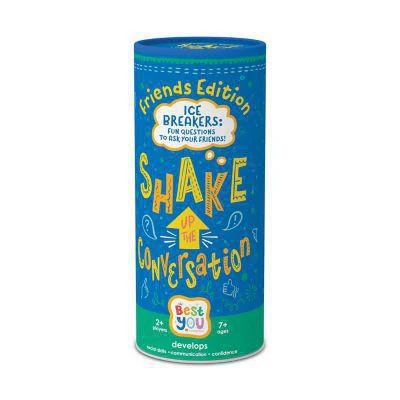 Cylindrical box labeled Shake Up The Conversation Friends Edition, an icebreaker game for kids.