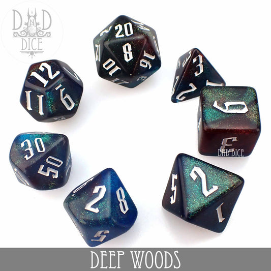 Deep Woods set of six sparkly, multicolored acrylic dice with white numbers.