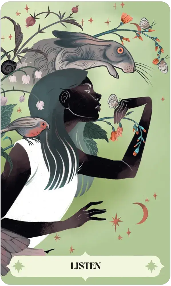 Herbana Witch Oracle deck card featuring a woman, flowers, bird, rabbit, stars, moons, and the word “LISTEN” below.