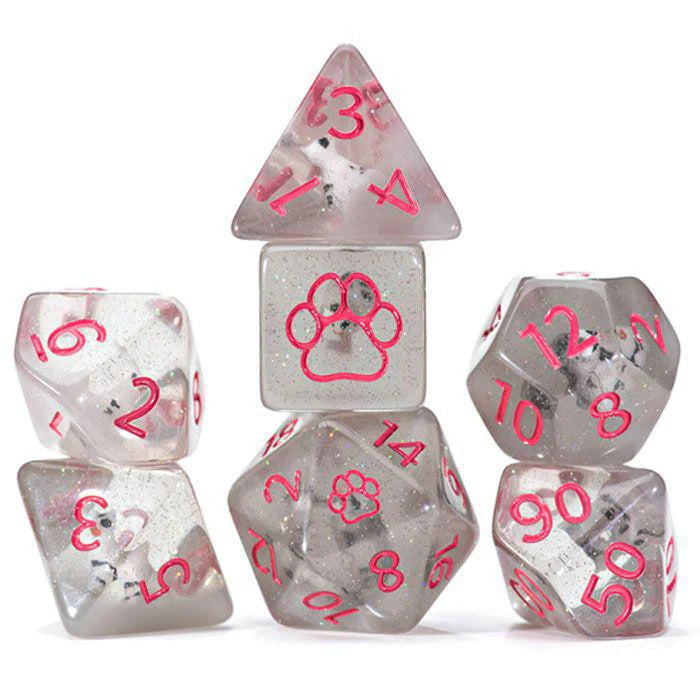 Clear, sparkly resin 7-set Cat Dice with pink numbers and paw prints, shown stacked.