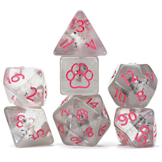 Clear, sparkly resin 7-set Cat Dice with pink numbers and paw prints, shown stacked.