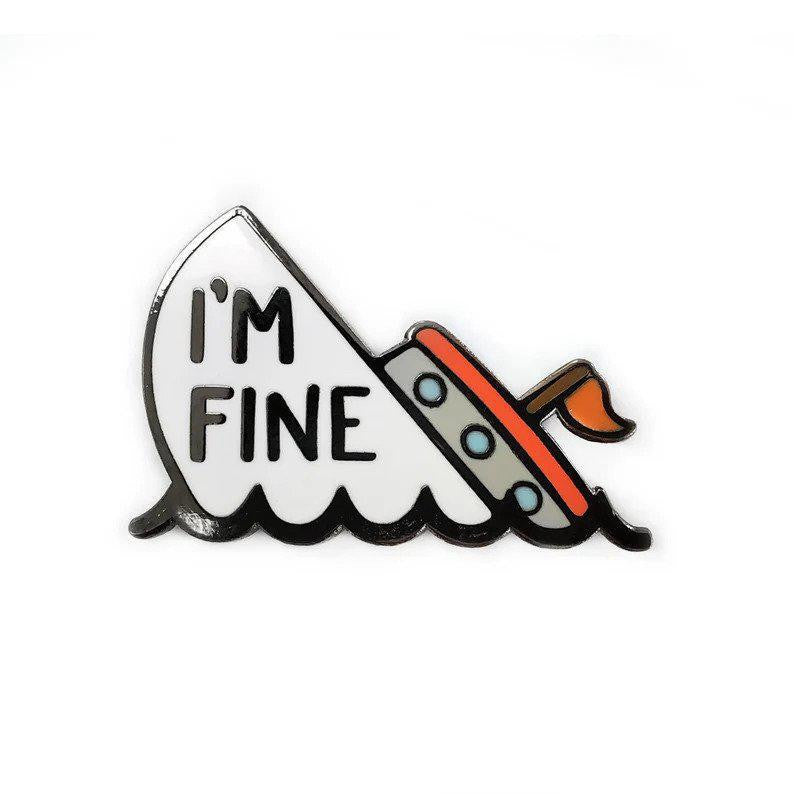 Kolorspun Pins Im Fine Boat Enamel Pin, cartoon sinking ship, IM FINE text, black nickel, two portholes.