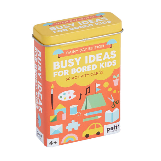 Busy Ideas for Bored Kids: Rainy Day Edition yellow tin with 50 activity cards and colorful icons.