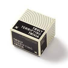 Box labeled Truly Terrifying Trivia with a black and white geometric design, intended for true crime fans.