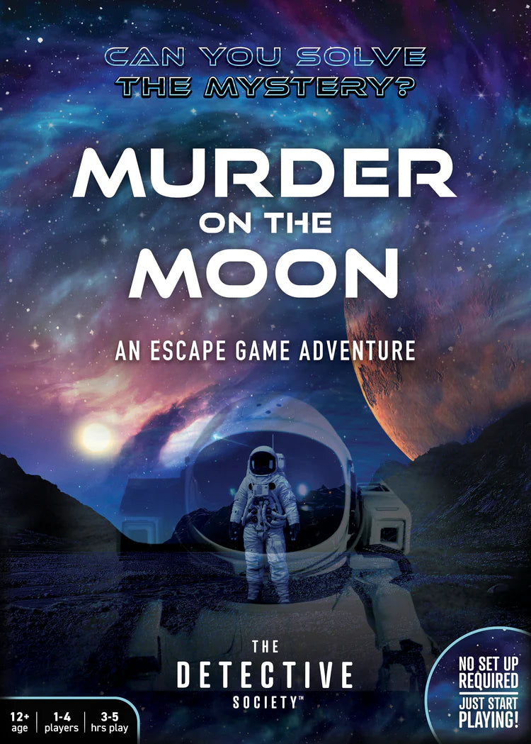 Murder on the Moon game cover featuring an astronaut on the moon and the title in bold text.