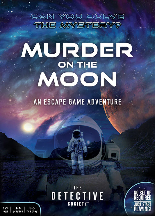 Murder on the Moon game cover featuring an astronaut on the moon and the title in bold text.