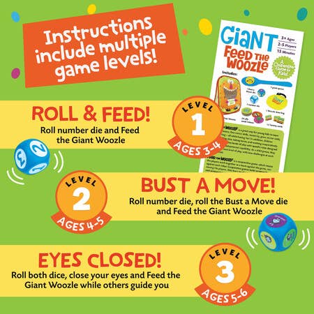 Giant Feed The Woozle cooperative game for ages 3-6 with three levels to build motor skills and teamwork.