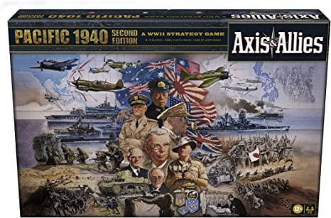 Axis & Allies Pacific 1940 Second Edition board game with pieces of leaders, battleships, planes, and Pacific Theater flags.
