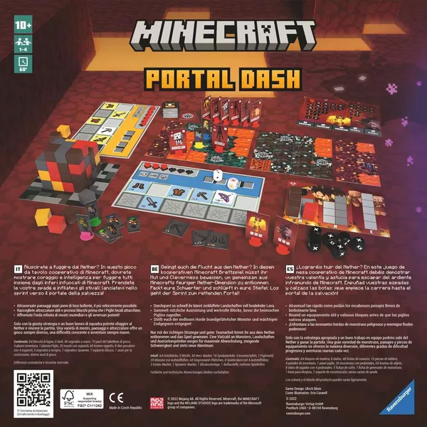 Minecraft Portal Dash board game with board, game pieces, cards, and dice for cooperative play.