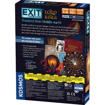 Back of EXIT The Lord of the Rings Shadows Over Middle-earth game box with details, components, and description.