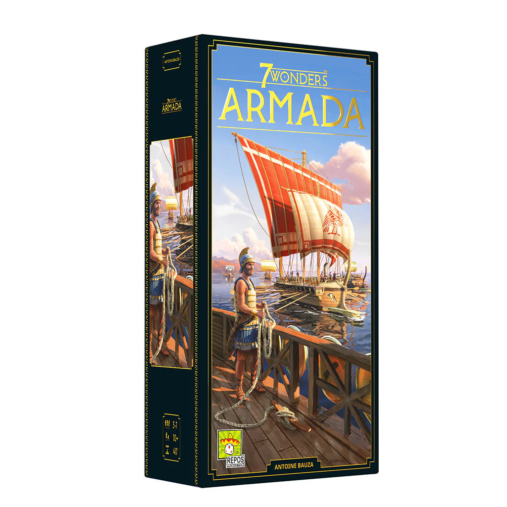 7 Wonders Armada Expansion board game add-on with ancient ships and a soldier on a wooden dock.