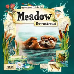 Meadow: Downstream game box featuring an otter swimming with nature sketches in the background.