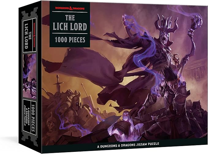The Lich Lord 1000 Piece Puzzle showing undead led by a lich with bright purple magical energy.