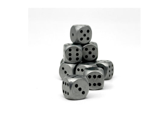Warpips: Aged Mithiral 10-12mm D6 metal dice stacked in a pyramid on a white background.