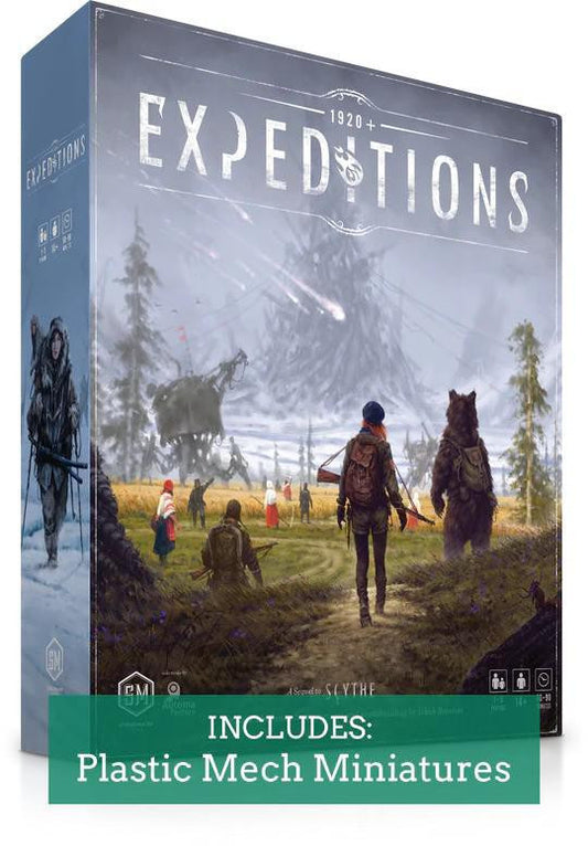 Scythe Expeditions Ironclad edition box with explorers, bear, mechs; includes plastic mech miniatures.