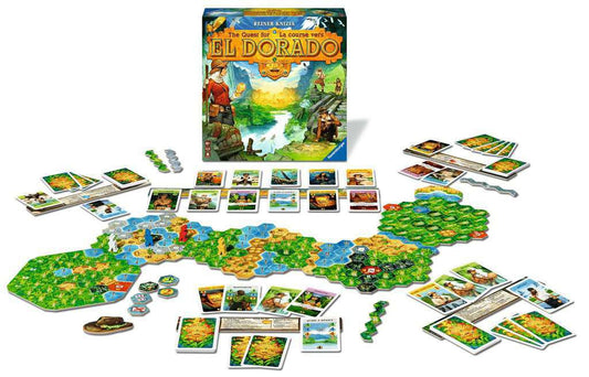 The Quest for El Dorado board game with cards, hex tiles, tokens, and box shown.