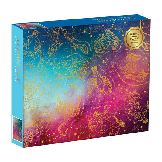 Astrology 1000 piece foil puzzle featuring gold constellations on a blue and pink cosmic background.