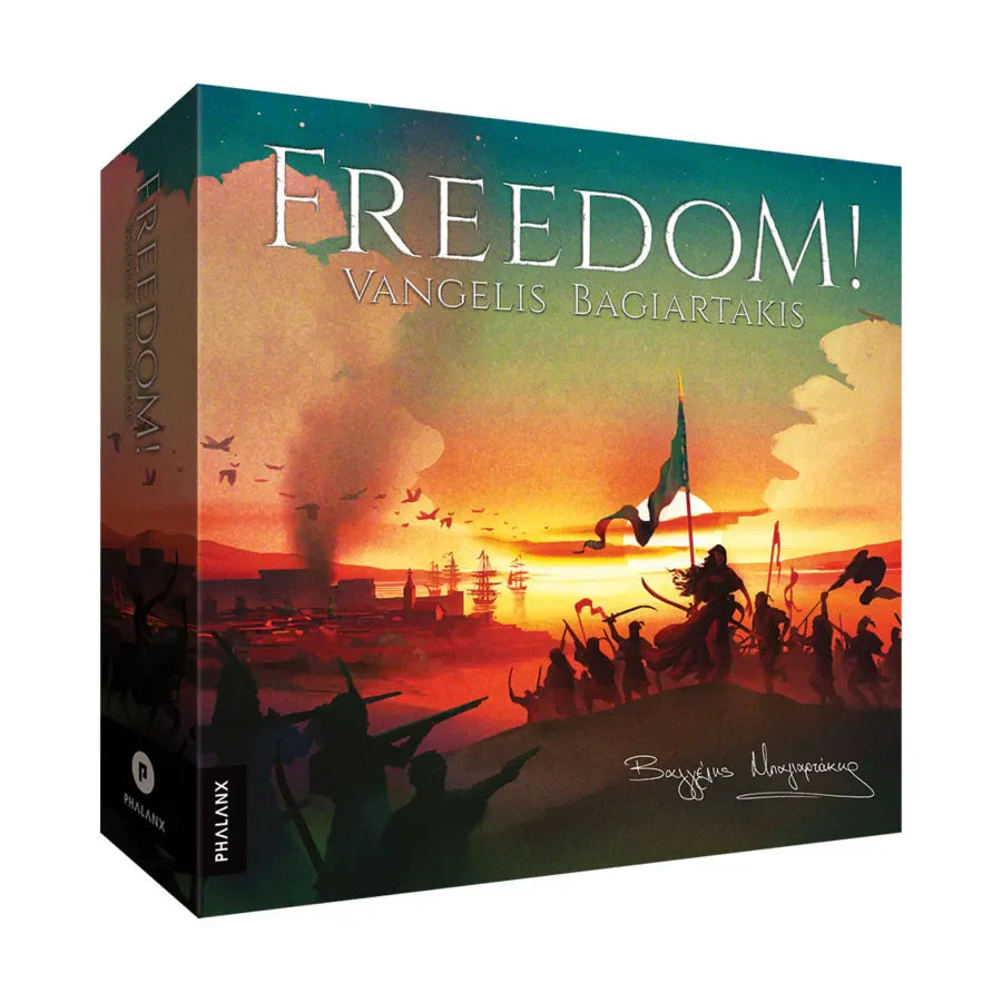 The Freedom game box featuring Greek War of Independence soldiers and a flag during a sunset battle scene.