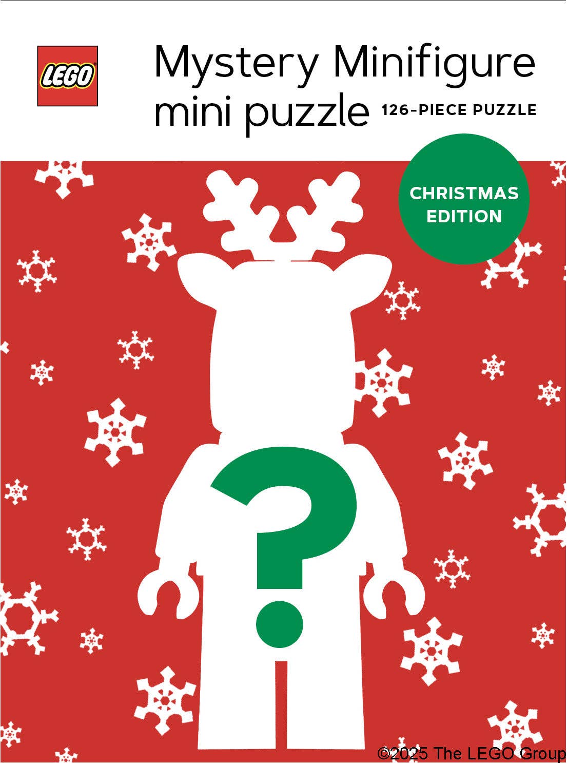 LEGO Mystery Minifigure Mini Puzzle Christmas Edition box with snowflakes, antlers silhouette, and green question mark.