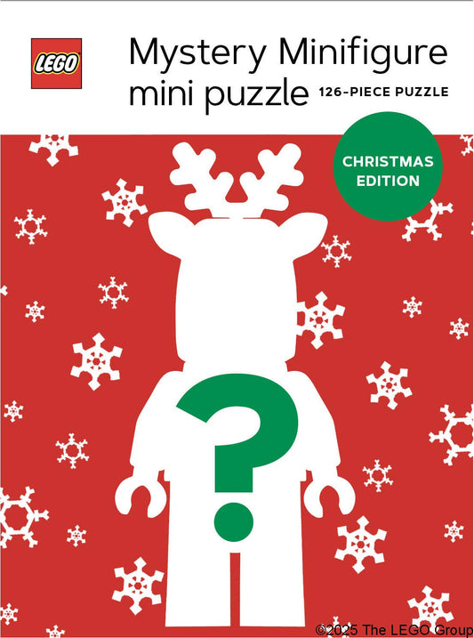 LEGO Mystery Minifigure Mini Puzzle Christmas Edition box with snowflakes, antlers silhouette, and green question mark.