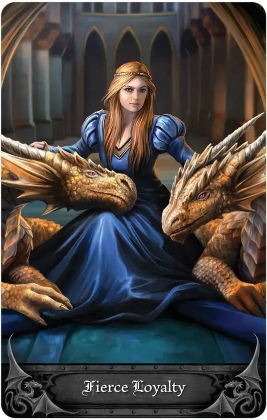 Anne Stokes Gothic Oracle card Fierce Loyalty featuring a woman in blue between two golden dragons.