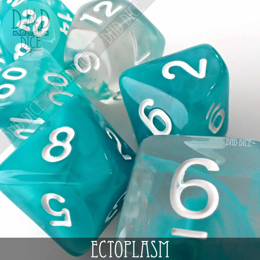 Ectoplasm tabletop gaming dice set in teal and clear acrylic with white numbers.