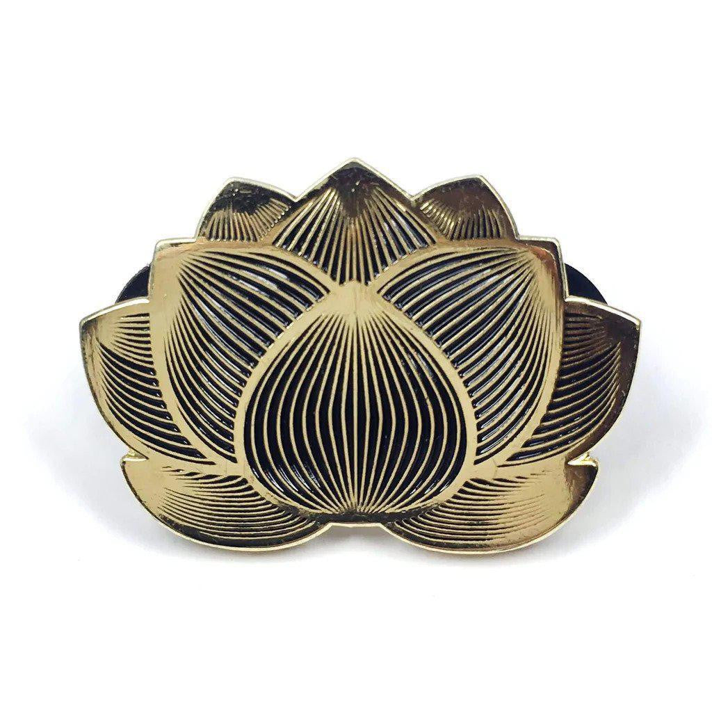 Kolorspun white lotus flower enamel pin, gold-plated with engraved design.